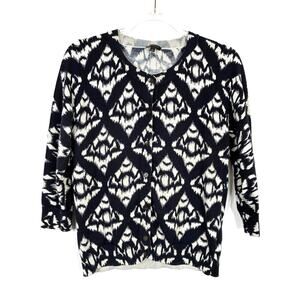 Talbots 3/4 Sleeve Button Sweater Navy Cream Diamond Cotton Rayon Womens Large